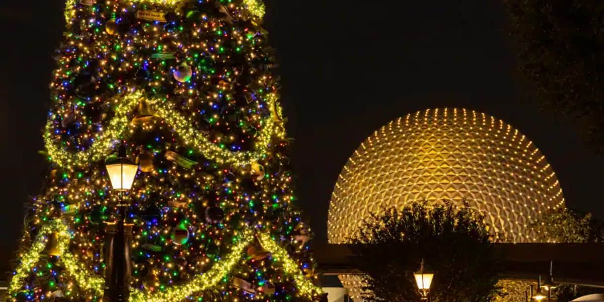 Spaceship Earth and a Christmas tree at nighttime