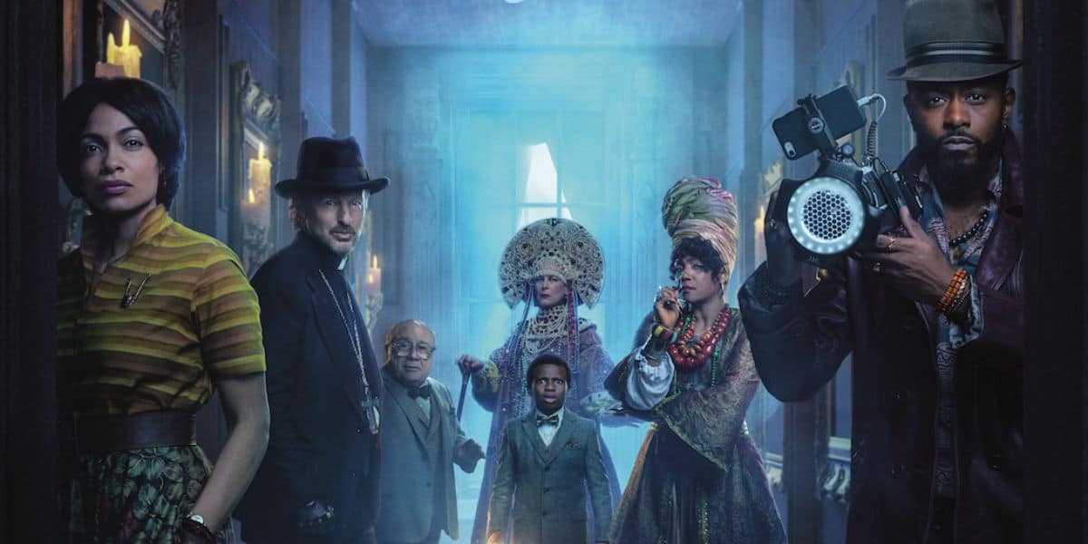 Rosario Dawson, LaKeith Stanfield, Tiffany Haddish, Danny DeVito, and Owen Wilson in The Haunted Mansion