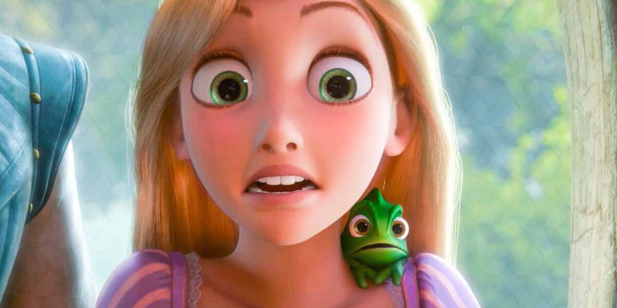 Rapunzel and Pascal the chameleon looking shocked in Tangled