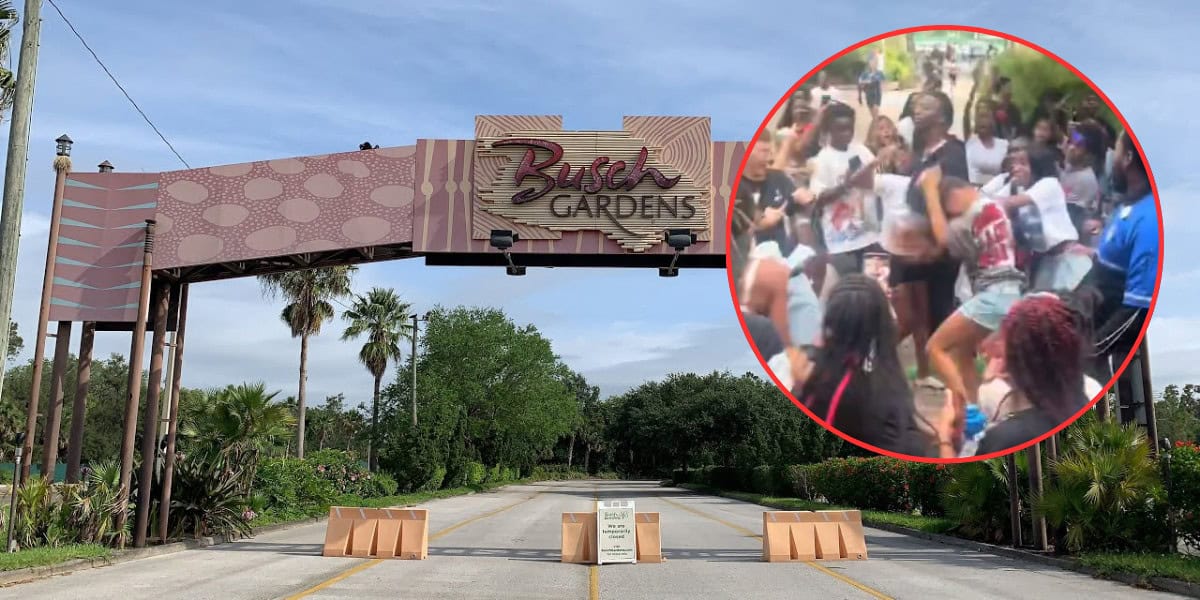 An entrance gate to Busch Gardens with a sign overhead and barricades on the road. Inset on the right shows a crowd of people, some dressed in costumes, appearing to gather or protest energetically.