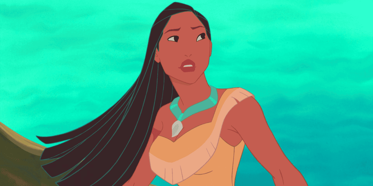 Pocahontas looks into the distance in front of a blue-green sky.