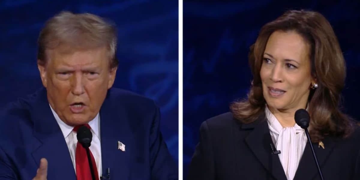 A split-screen image showing Donald Trump and Kamala Harris during the 2024 presidential debate.