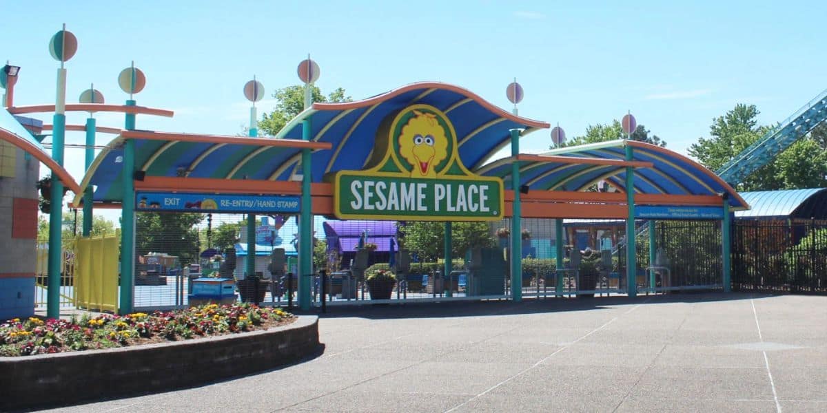 An entrance gate to Sesame Place amusement park.