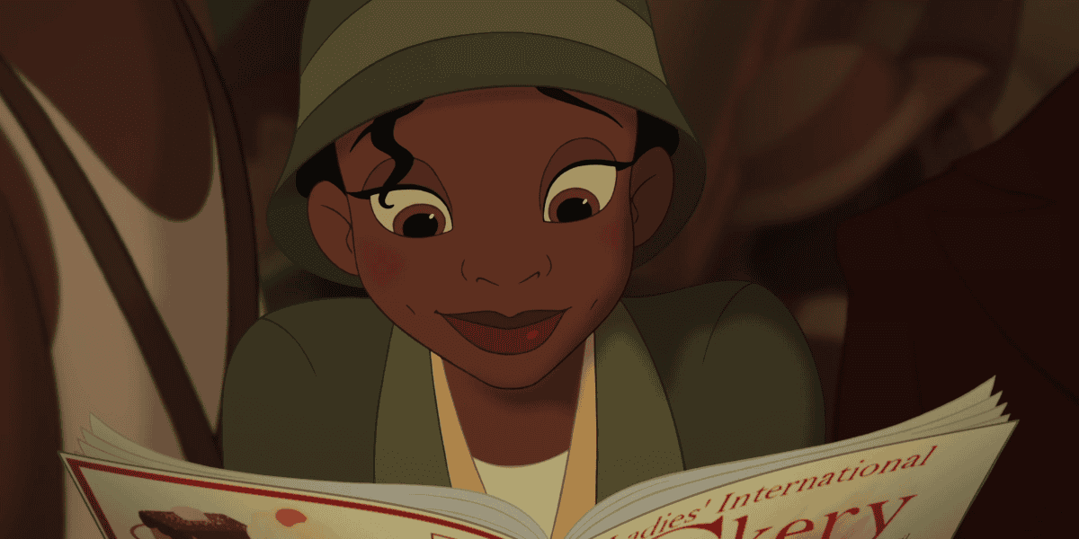 A young animated woman with a green hat smiles while reading a magazine 