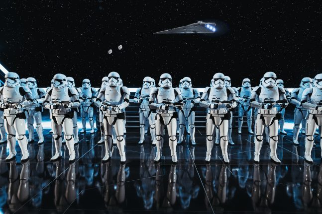 Stormtroopers inside Star Wars: Rise of the Resistance