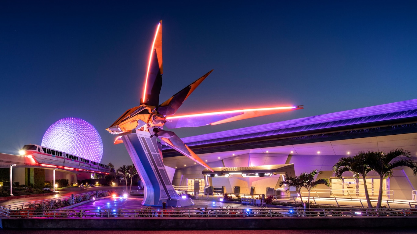 The Guardians of the Galaxy, Cosmic Rewind and Spaceship Earth attractions at night 