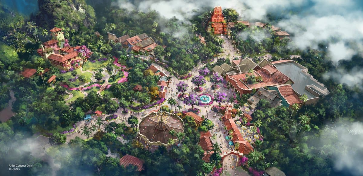 Concept art for the all-new area coming to Animal Kingdom inspired by Encanto and Indiana Jones