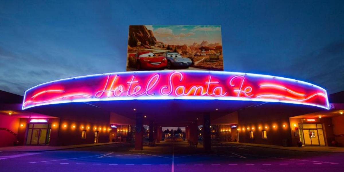 Neon sign for Hotel Santa Fe lights up at Disneyland Paris