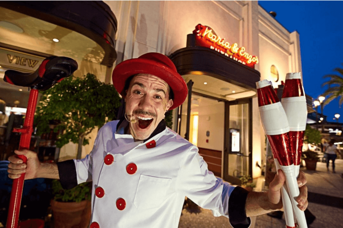 Man stands outside with his mouth open at Maria & Enzo's in Disney Springs