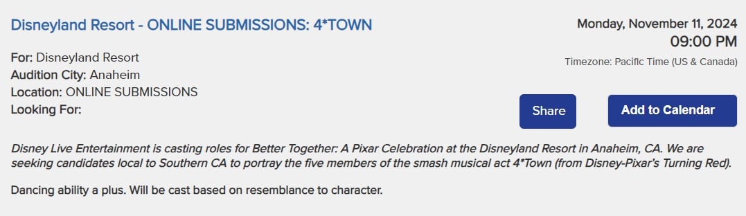 Audition notice for Disneyland Resort's "Better Together: A Pixar Celebration" in Anaheim, CA, seeking performers resembling 4*TOWN from Disney-Pixar's "Turning Red." No dancing required; online submissions only. Be part of the animated magic featured in the Better Together Pixar Parade.