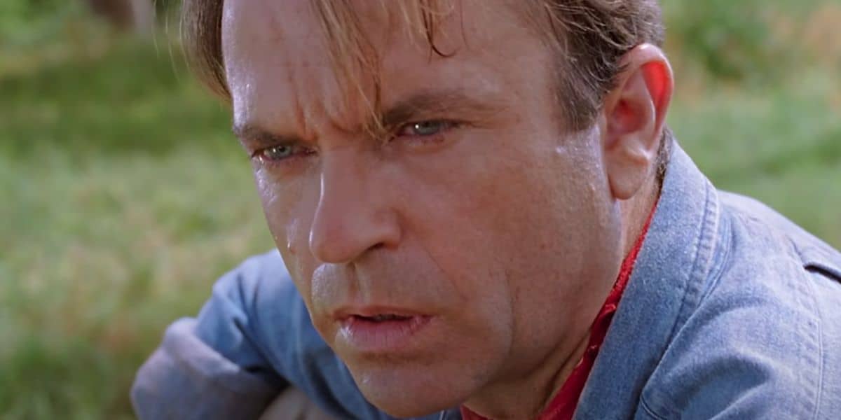 Alan Grant (Sam Neill) staring at the dinosaurs in disbelief in 'Jurassic Park' (1993)