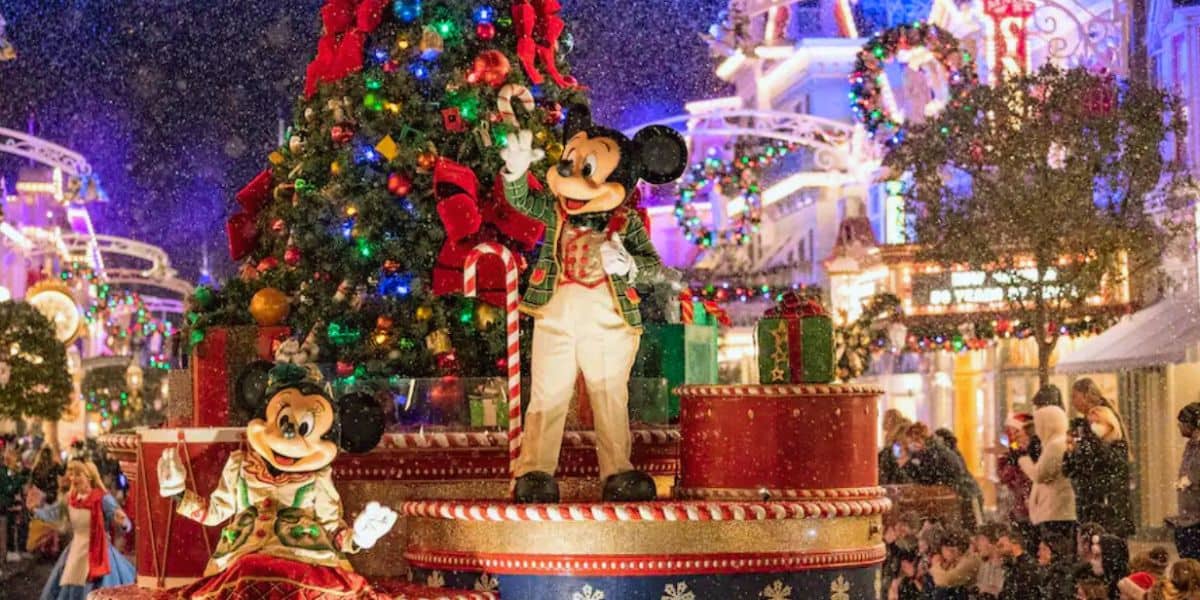 Disney World - Mickey Mouse and Minnie Mouse on a float during a parade at Mickey's Very Merry Christmas Party.