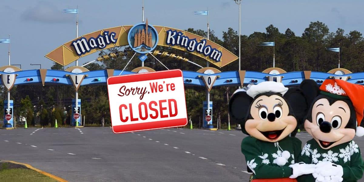 Disney World park reservation system -Mickey and Minnie Mouse holding hands shocked while looking at the Magic Kingdom Park entrance with a closed sign.