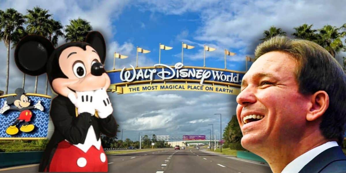 A collage showing Mickey Mouse with hands on cheeks, smiling, and a man smiling, with the WDW entrance sign in the background. The sky is partly cloudy with flags on the archway that reads "The Most Magical Place on Earth.