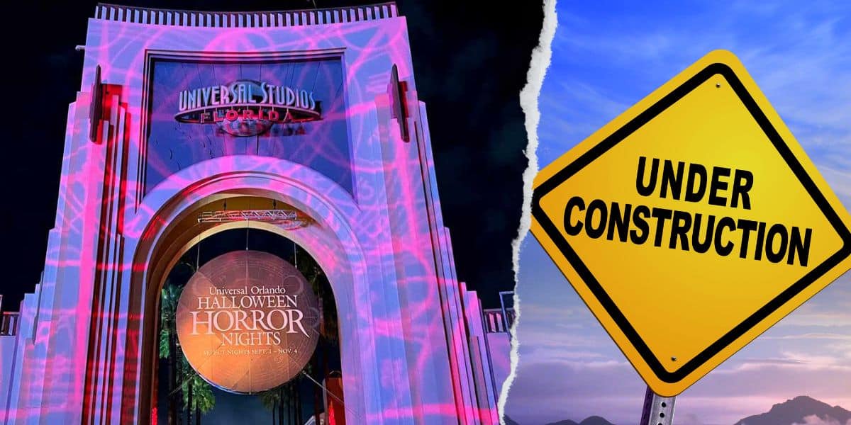 A split image showing Universal Studios Florida entrance at night illuminated in pink lights, and a yellow "under construction" sign on the right, with a clear sky in the background.