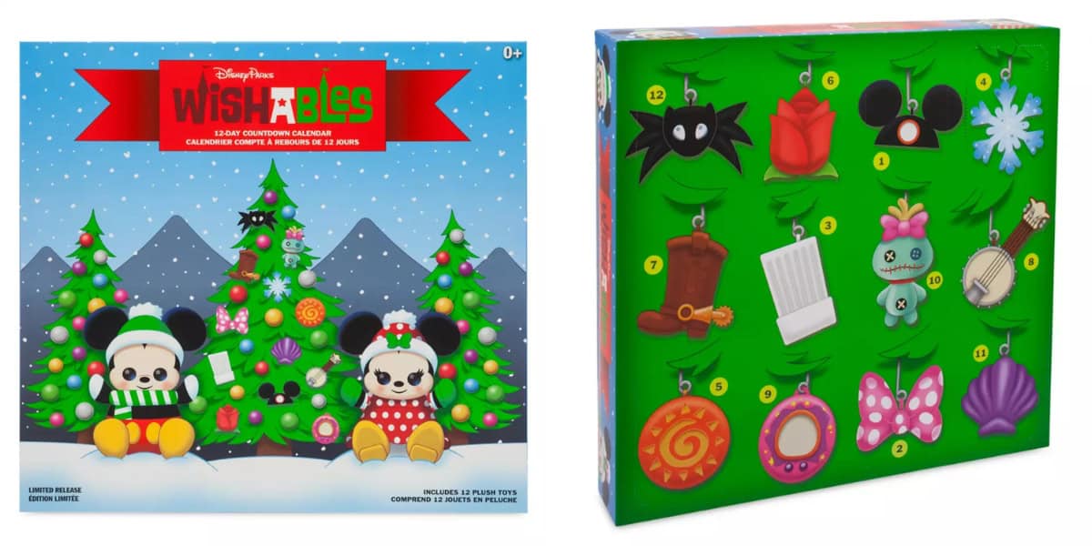 Discover the limited-edition Wishables Advent Calendar featuring two cartoon characters in festive holiday attire amidst decorated trees. The back reveals a selection of twelve themed Disney surprises, including a spider, hat, stocking, and guitar on a vibrant green background.