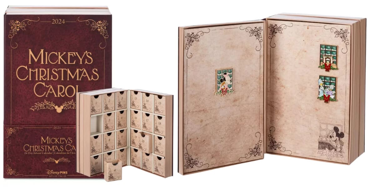 Experience the magic of a limited-edition 2024 Mickey's Christmas Carol advent calendar shaped like a book. The left image reveals the front with drawers, while the right displays enchanting holiday illustrations filled with Disney surprises.