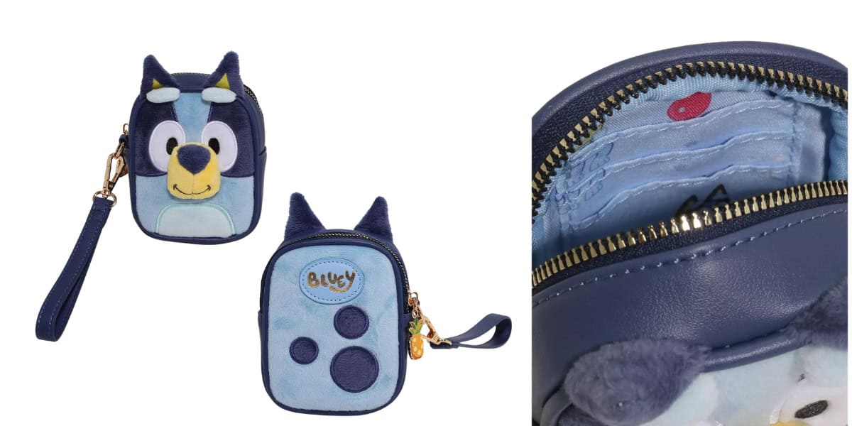 This adorable blue crossbody bag, inspired by Bluey, is shaped like a cartoon animal with ears and a smiling face. It features a paw print design on the back and comes with a detachable strap. Inside, the fabric-lined interior includes card slots, while a zipper closure secures the opening.