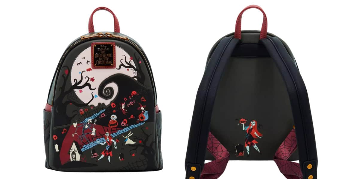 Front and back views of a Disney Mini Backpack featuring a whimsical Halloween-themed design with characters, swirling trees, and red accents. The back has red straps and a small character detail at the bottom that brings BoxLunch magic to your style.