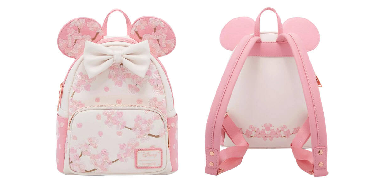 This charming Minnie Mouse Loungefly backpack, available for pre-order exclusively at BoxLunch, boasts cherry blossom patterns and iconic mouse ears with a bow. The adjustable pink straps and decorative blossoms complete this enchanting design.