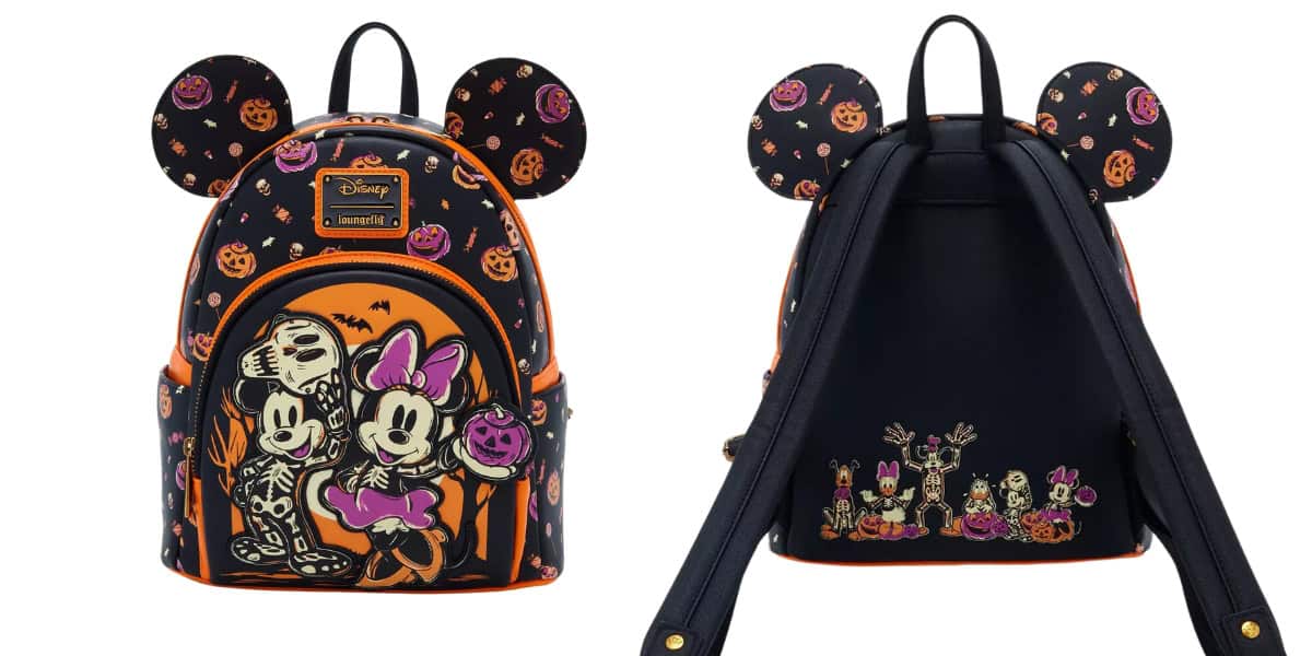 These Disney Mini Backpacks from BoxLunch feature mouse ear designs with cartoon characters in Halloween costumes. One bag shows them hugging amid pumpkins, while the other depicts a festive group surrounded by more pumpkins, capturing a lively Halloween style with orange and purple details.