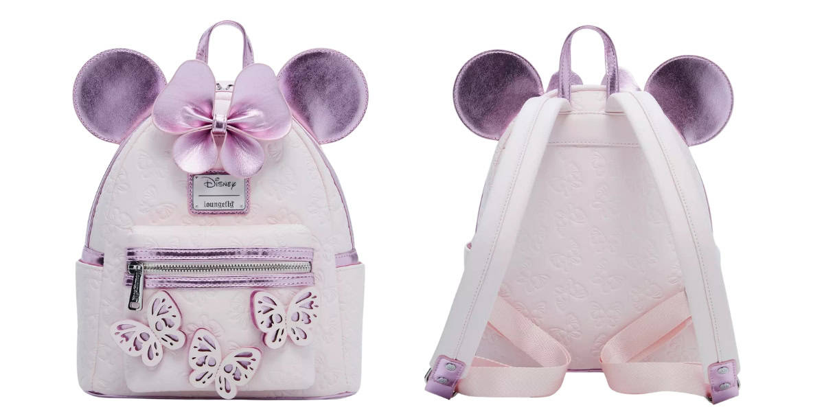 This BoxLunch Exclusive Minnie Mouse Loungefly Backpack is a charming addition to any collection. It features mouse ears, a large bow, and decorative butterflies on the front pocket. With two adjustable white straps, this pink backpack is perfect for any Disney fan looking to pre-order something special.