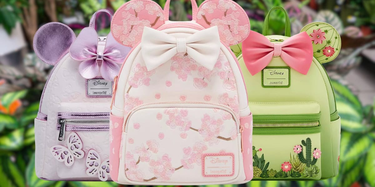 Three Disney-themed backpacks are displayed. The first, a BoxLunch exclusive, is lavender with a butterfly design. The second is pink with a white bow and floral pattern, while the Minnie Mouse Loungefly backpack is green with a pink bow and cactus details. All feature mouse ears.