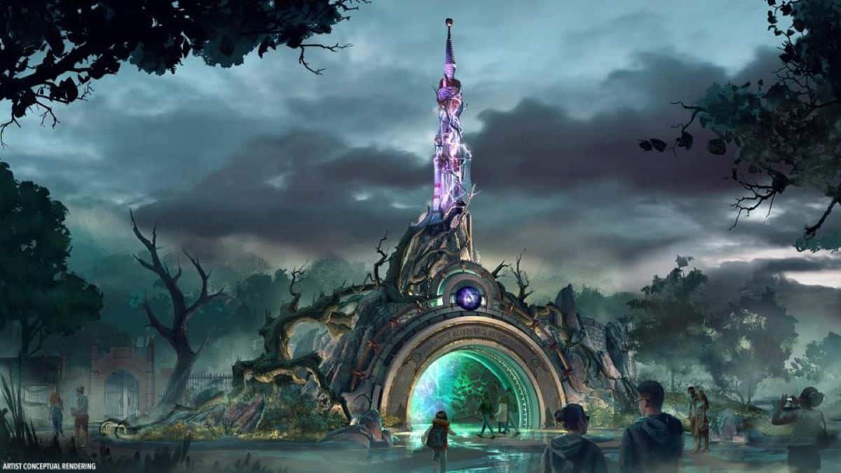 The entrance to Dark Universe, an immersive land inspired by classic and new Universal monsters coming to Universal Epic Universe in Universal Orlando Resort