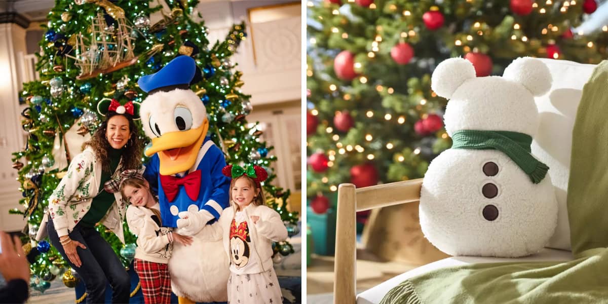 Left: A family poses with a person in a duck costume, surrounded by enchanting holiday decor in front of a Christmas tree. Right: A plush snowman with a green scarf sits on a chair, part of an enchanting collection from the Disney Store, complemented by the festive backdrop of another Christmas tree.