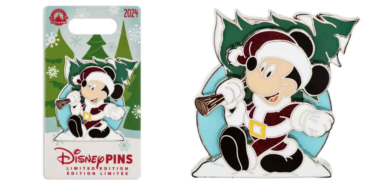 Celebrate the holidays with a festive collectible pin featuring a beloved Disney cartoon character dressed as Santa, holding a small tree. This Limited Edition Christmas Pin showcases a snowy backdrop and comes in special packaging marked with the year "2024.