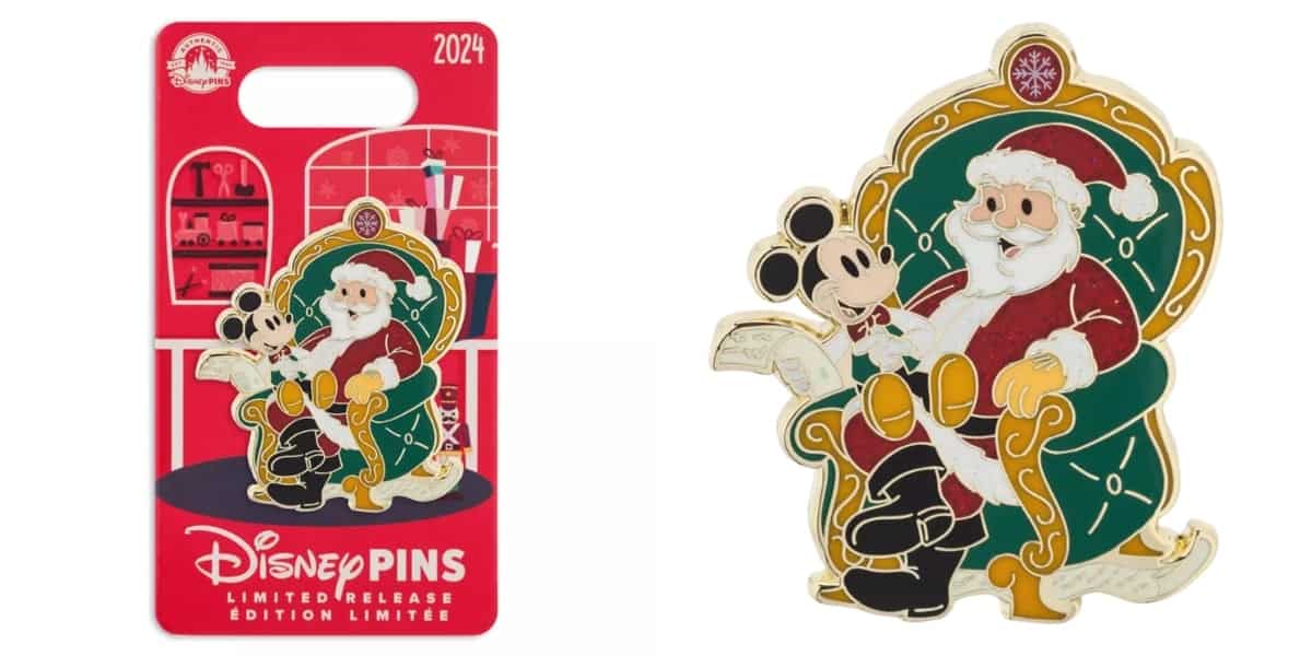 This limited edition Disney pin features Mickey Mouse sitting on Santa Claus's lap. Santa, in a green and gold chair, holds a list. Part of the 2024 Christmas Pins series, it's packaged on a red background with a castle graphic and white shelves.