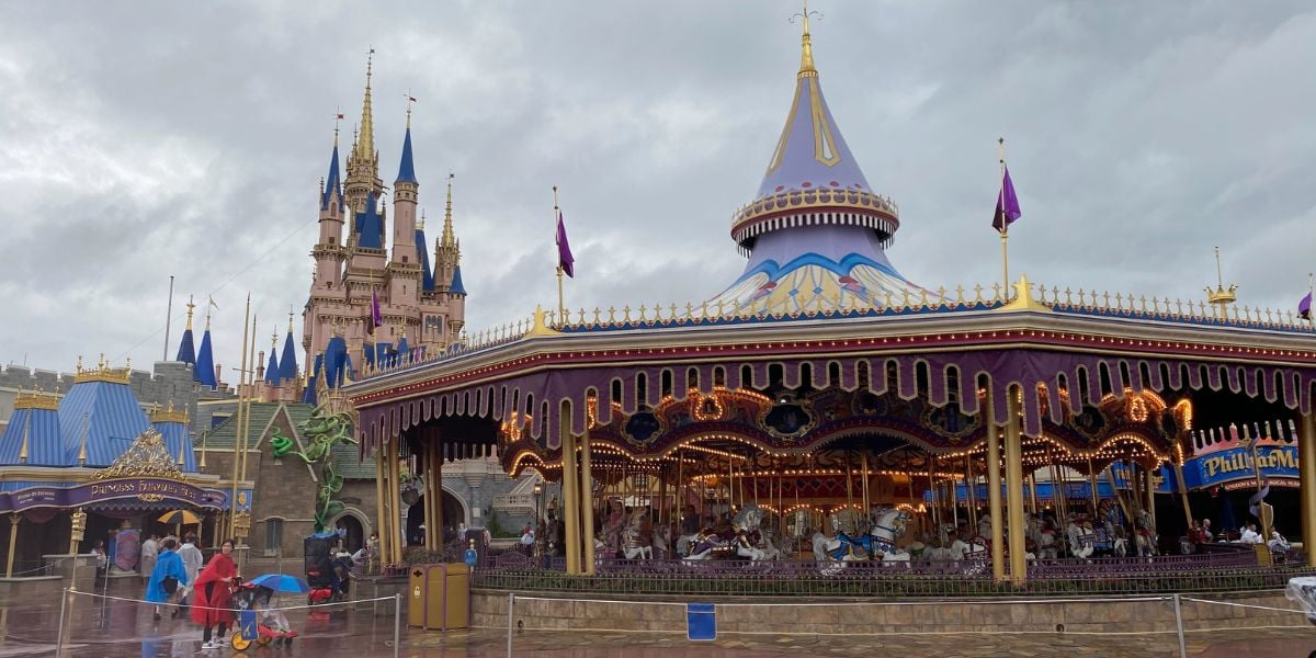 Prince Charming's Royal Carousel at Magic Kingdom Park in the rain.