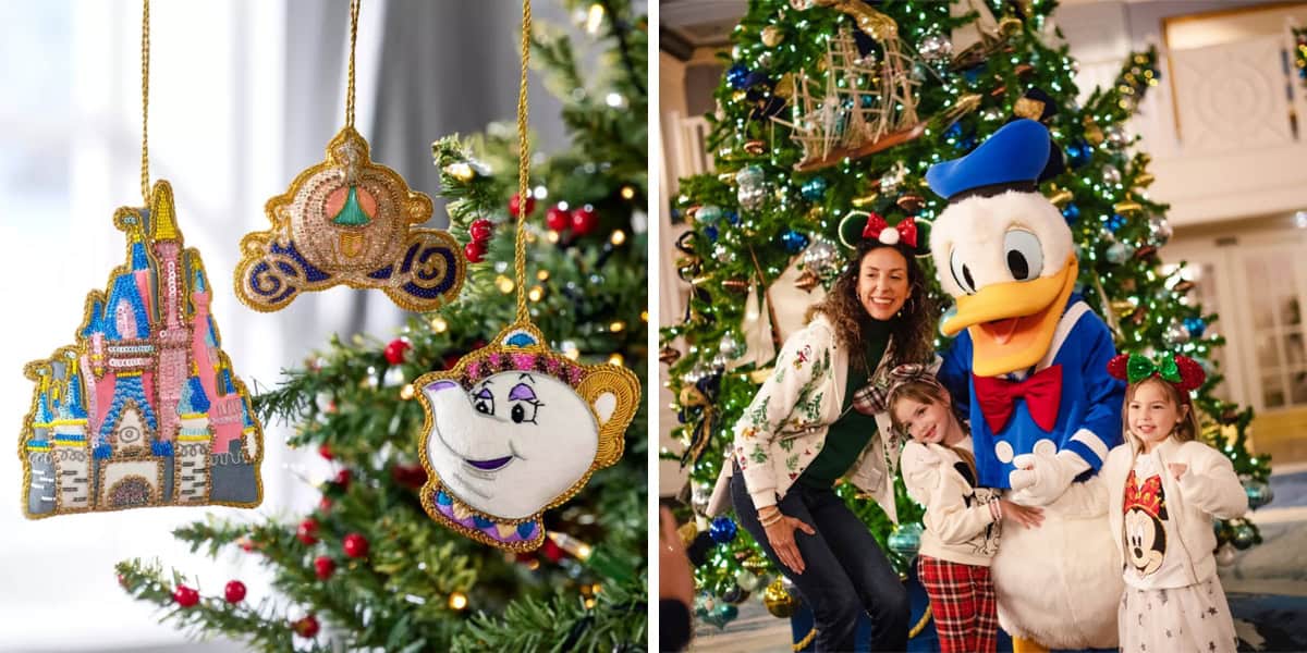 Left: Three vintage-inspired Disney ornaments, including a castle, a magic carpet, and Mrs. Potts, dangle enchantingly against a blurred background. Right: A family with two children captures the magical holiday season posing with Donald Duck in front of festively decorated Christmas trees.