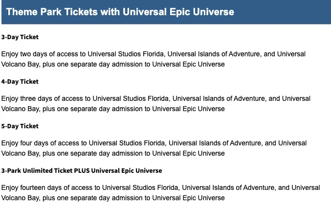 epic universe ticket options