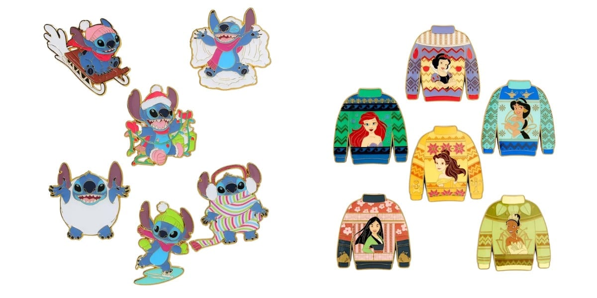 A collection of Stitch-themed enamel pins on the left, showcasing Disney Magic as Stitch enjoys various winter activities. On the right, colorful holiday pins of sweaters adorned with Disney princesses, including Snow White, Ariel, Mulan, Pocahontas, and Tiana.