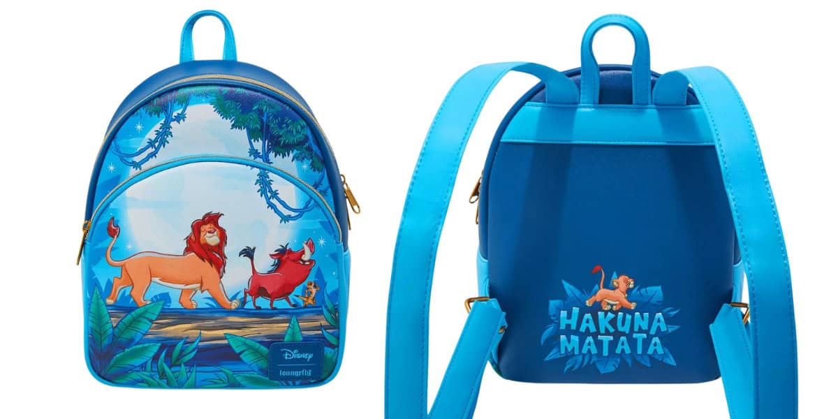 Front and back view of a blue Loungefly backpack featuring Lion King characters Simba, Timon, and Pumbaa. The front shows them walking in the jungle of the Pride Lands, while the back displays "Hakuna Matata" text with an image of Simba.