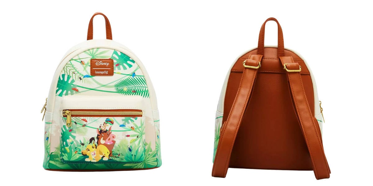 Front and back views of a Disney-themed Loungefly backpack with a jungle pattern inspired by The Lion King. The front features beloved characters surrounded by lush greenery, while the back shows brown straps and a simple design. Perfect for fans seeking both style and functionality in their backpacks.