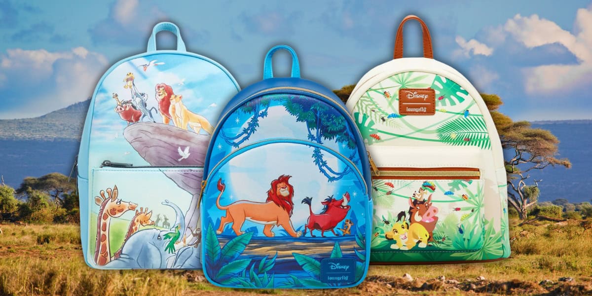 Three vibrant Loungefly backpacks, inspired by "The Lion King," are showcased against the stunning backdrop of the African savanna. Adorned with detailed artwork featuring beloved characters and scenes from the Pride Lands, these backpacks capture the movie's magic beautifully.