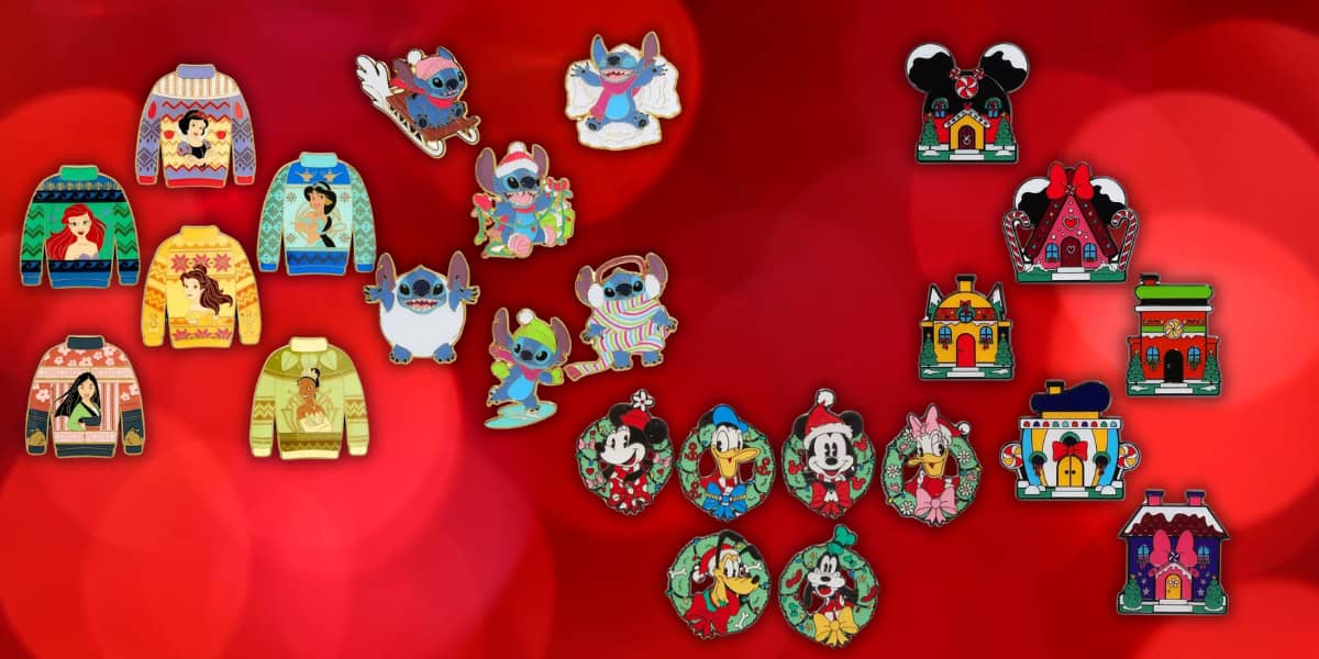 A collection of cartoon-themed enamel pins featuring colorful designs on a red background. The pins include holiday sweater patterns, characters in festive poses, and small house shapes, all infused with Disney magic and vibrant themes.