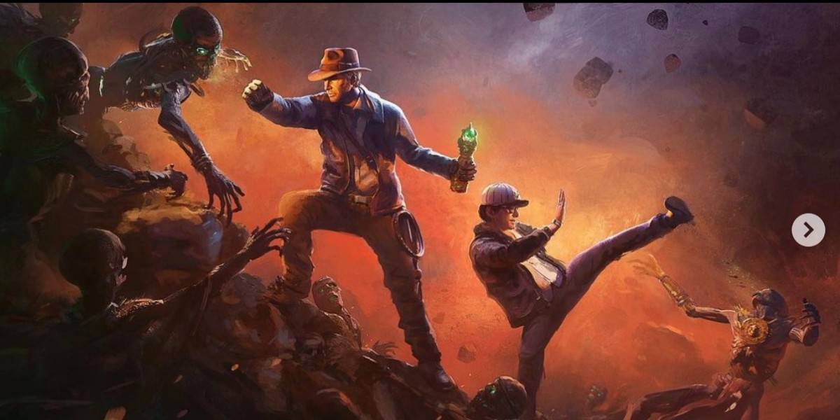 Concept art of Indiana Jones and Short Round fighting zombies