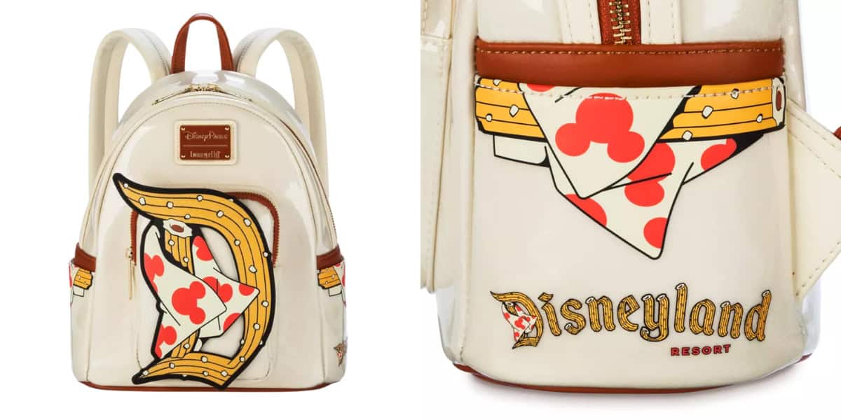 A beige backpack adorned with red and yellow Disney-themed designs, part of the Freshest Loungefly collection, showcases playing card suits and Disneyland Resort text. It features brown leather accents and a small front zipper pocket, fitting perfectly into any Loungefly Backpack enthusiast's collection.