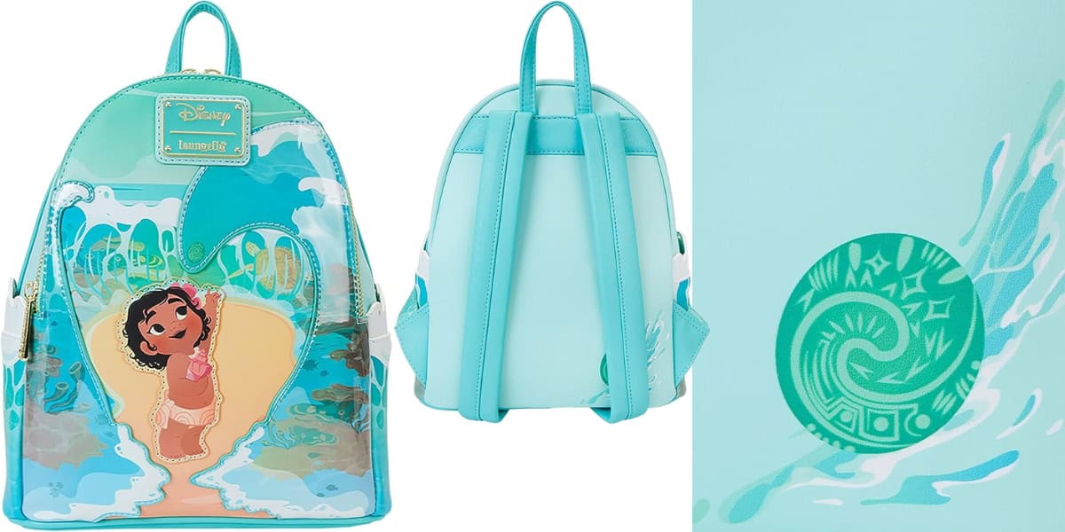 This blue mini Loungefly backpack boasts a tropical design with a young girl joyfully standing on a beach, surrounded by waves. Perfect for EPCOT lovers, its teal straps and side view reveal a charming seashell pattern, capturing the essence of World Showcase adventures.