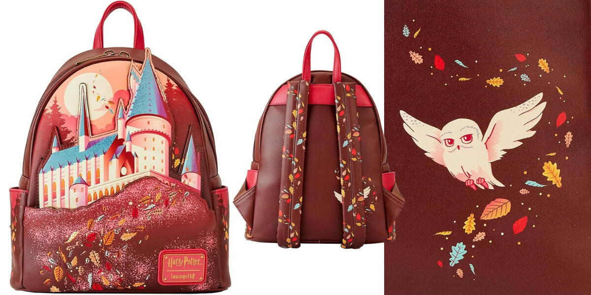 This Harry Potter-themed Loungefly backpack features a red and brown color scheme. The front showcases an illustration of Hogwarts enveloped by autumn leaves, while the back displays leaf-patterned straps and an owl perched on a branch adorning the side panel—perfect for any Universal Orlando visit.