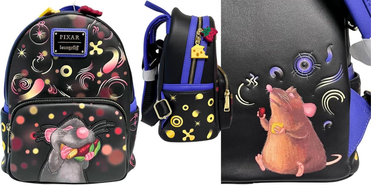 Black backpack with a colorful rat motif inspired by a famous animated movie, perfect for your EPCOT adventure. The design features a rat holding vegetables, cheese charm, and abstract patterns, capturing the whimsy of the World Showcase. Blue straps and zippers complete the look.