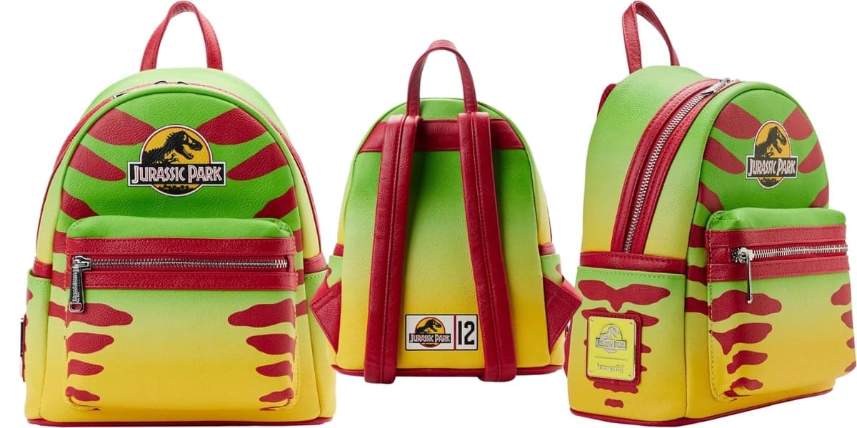 Three views of a colorful Loungefly backpack inspired by "Jurassic Park." It features a bright green and yellow design with red accents, a front zip pocket, and the iconic logo. The sides and back show additional logo patches and tags. Available at Universal Orlando.