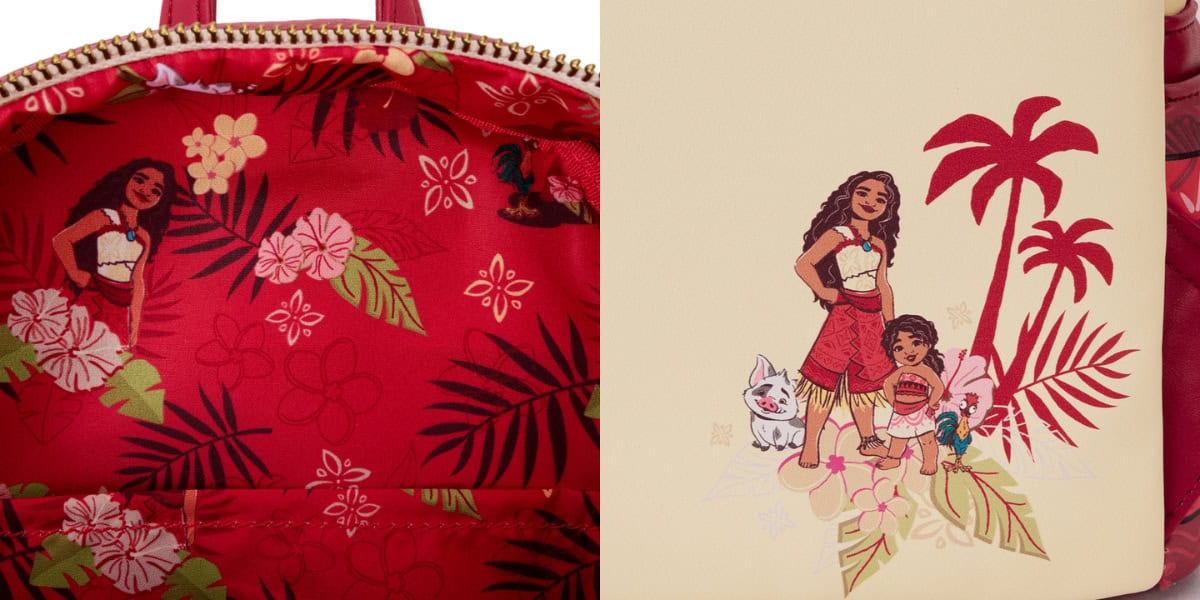 A close-up of this Moana 2 Cosplay Mini Backpack shows a red interior adorned with floral patterns and cartoon characters. The exterior features the same characters on a cream background with palm trees, a chicken, and a pig, all smiling near the beach. Pre-order now for a touch of paradise!