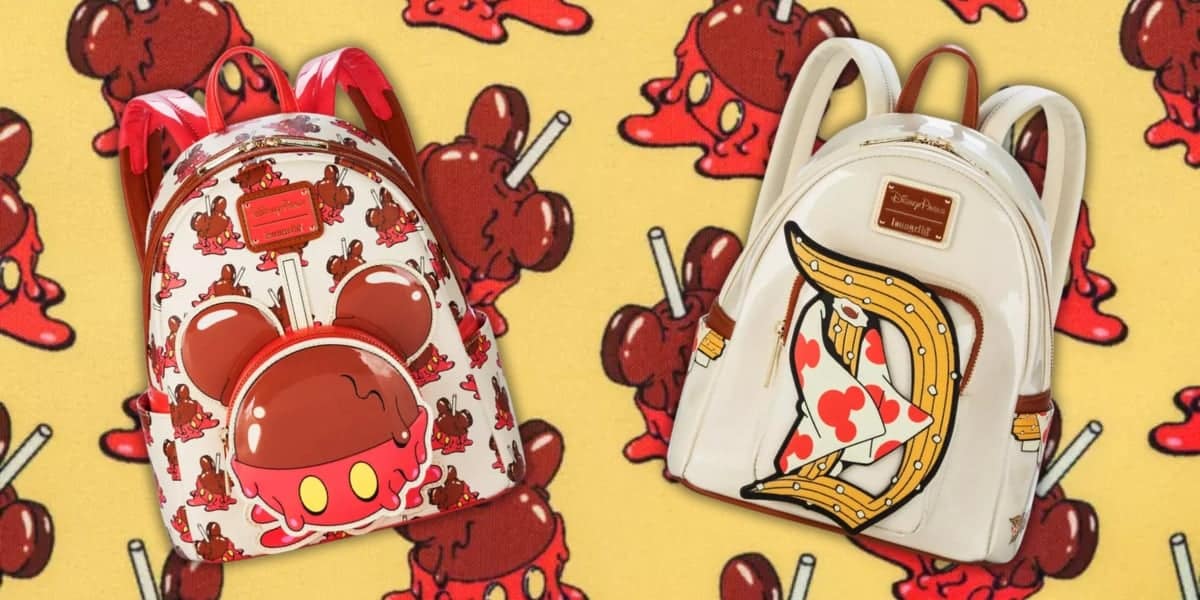 Two vibrant Loungefly backpacks showcase whimsical cartoon designs. The left sports a red mouse head drizzled with chocolate and cherries, while the right features a bandaged banana. Both are set against a cherry-patterned backdrop, part of the playful Disney Eats Collection.