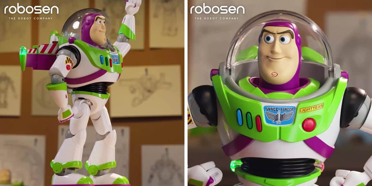 Two images of a Buzz Lightyear toy. The left image shows the toy with an arm raised, detailed with buttons and lights, reminiscent of an auto draft mechanism. The right image is a close-up, highlighting the toy's facial features and "Space Ranger" chest insignia.