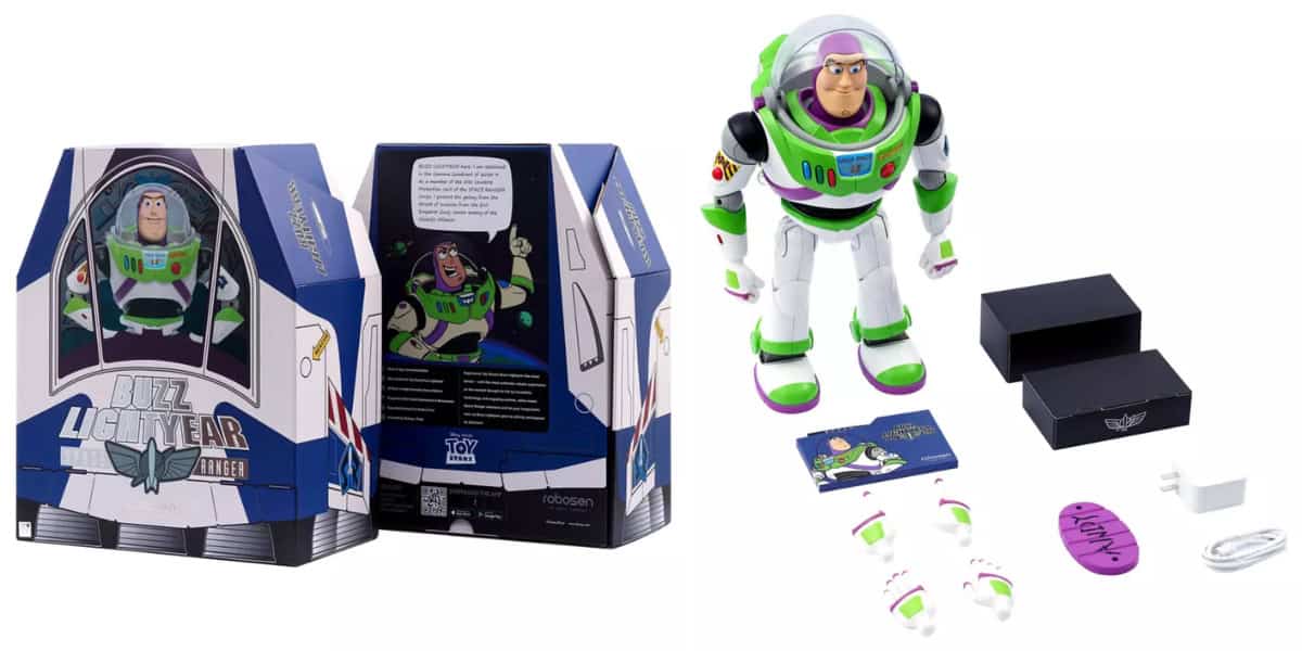 The packaging and contents of the Buzz Lightyear action figure are expertly crafted, almost as if created through an Auto Draft process. The box showcases Buzz's iconic design and "Toy Story" logos, while inside, the detailed figure includes interchangeable hands, a stand, booklet, and accessories.