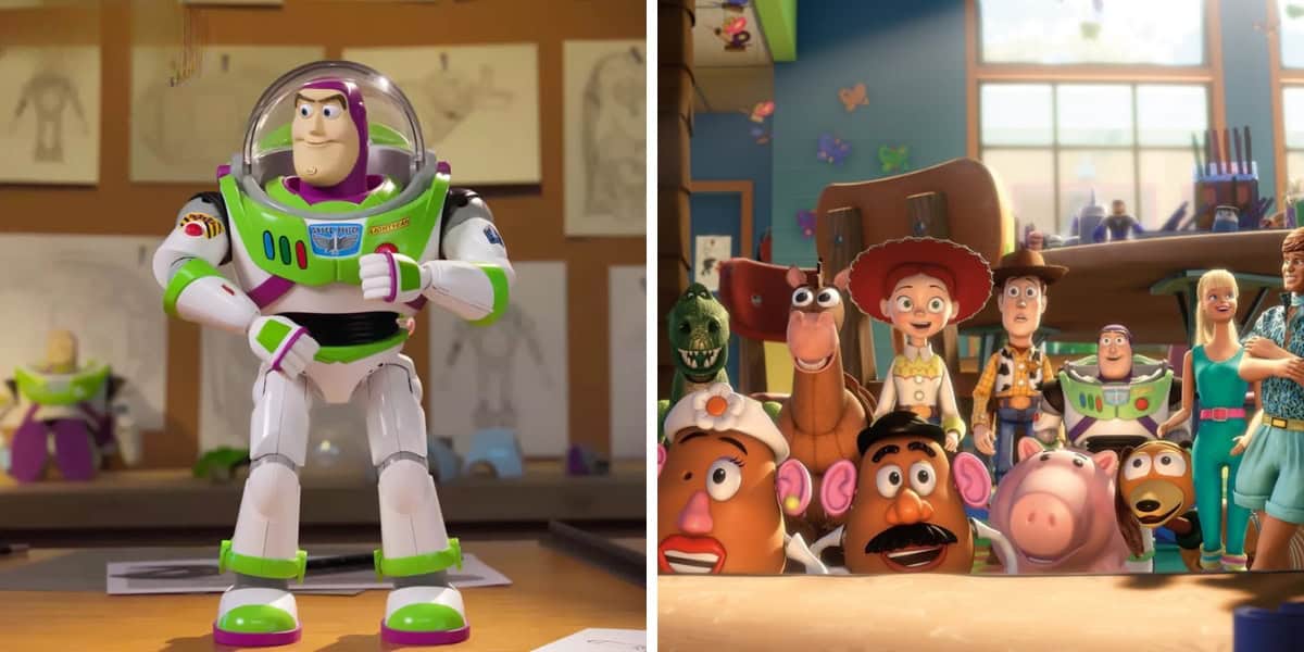 Split image: Left side shows a toy astronaut in a room with drawings, almost like an Auto Draft of creativity. Right side features colorful toy characters, including a cowboy and dinosaur, surrounded by art supplies in a playful setting.